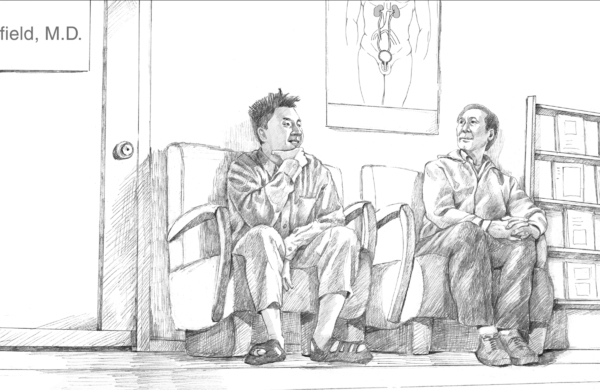 Ilustración de un hombre asiático de mediana edad y un hombre asiático joven sentados en la sala de espera del consultorio médico.