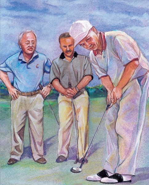 Ilustración de tres hombres jugando golf en el “putting green”.