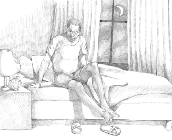 Ilustración de un hombre africanoamericano levantándose de la cama debido a la necesidad de orinar con frecuencia por la noche.