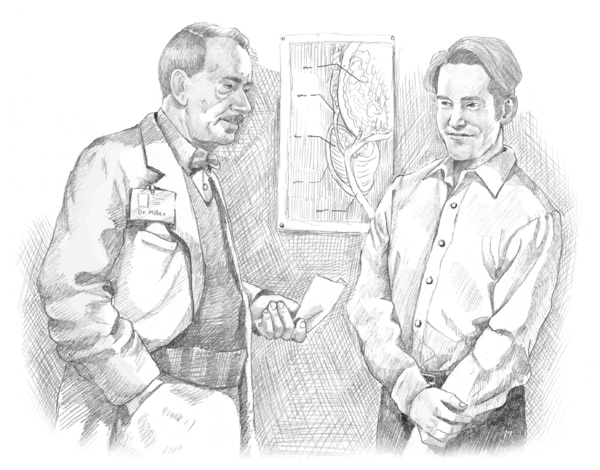 Ilustración de un médico y un paciente conversando.