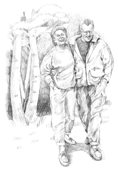 Ilustración de una pareja feliz de un hombre y una mujer caucásicos caminando juntos.