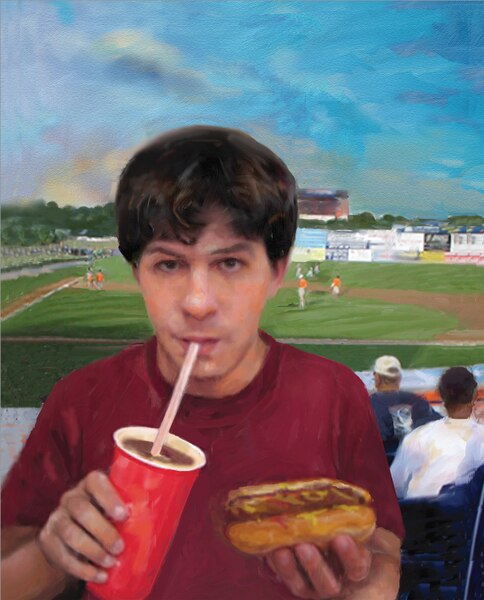 Drawing of a young man at a baseball game drinking a soda and holding a hot dog.