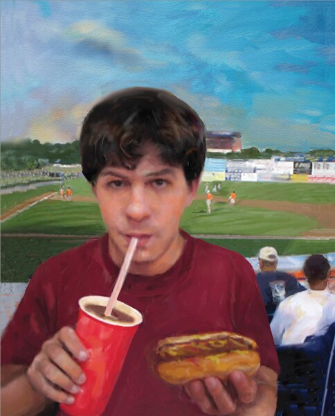 Ilustración de un hombre joven asistiendo a un juego de béisbol y bebiendo una gaseosa y sosteniendo un perro caliente.