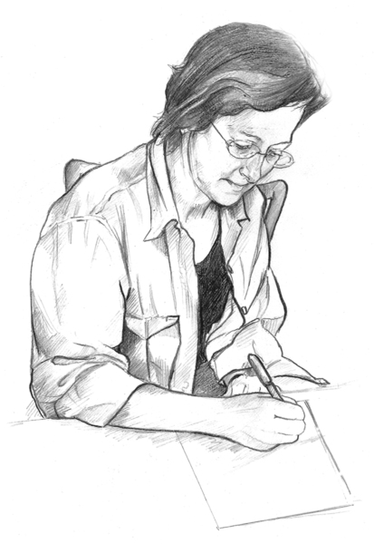 Dibujo de una mujer de mediana edad sentada en una mesa y escribiendo en un registro de alimentos.