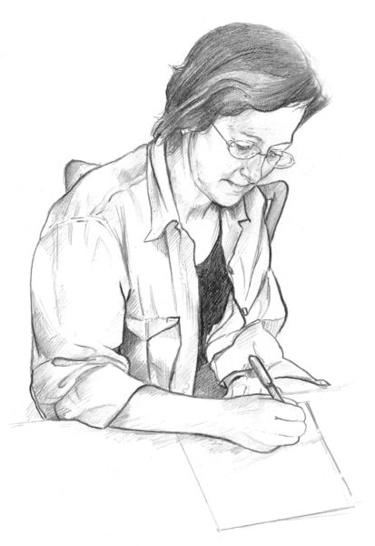 Dibujo de una mujer de mediana edad sentada en una mesa y escribiendo en un registro de alimentos.