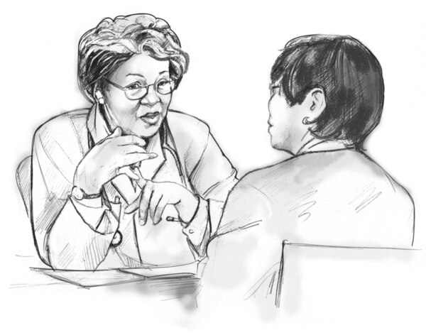 Ilustración de una médica hablando con una paciente. Están sentadas frente a frente en una mesa.