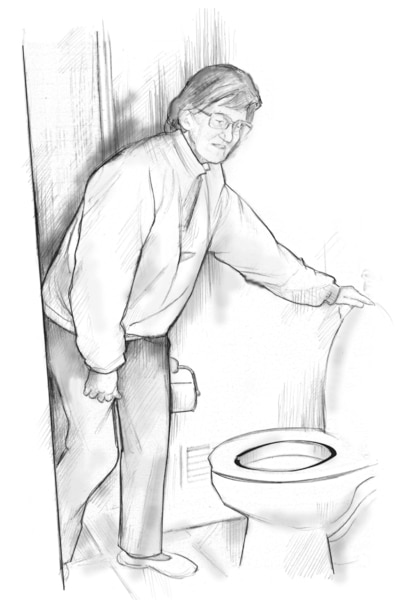 Ilustración de una mujer parada al frente del inodoro. Está levemente inclinada y está levantando la tapa del inodoro.