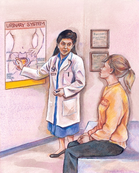 Dibujo de una doctora y una paciente hablando.