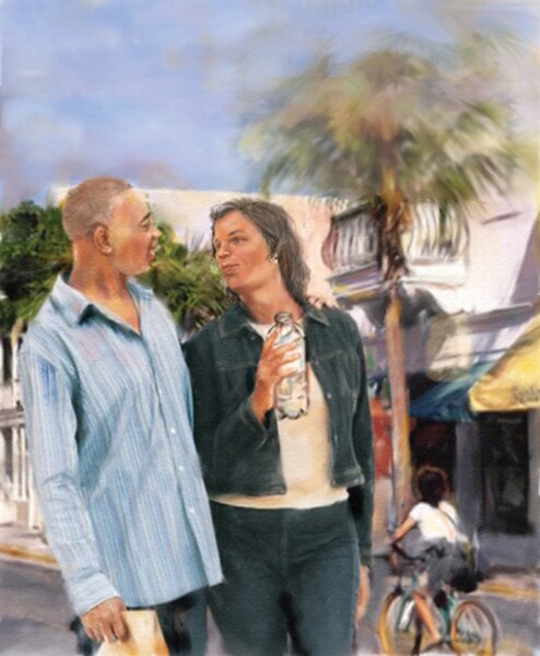 Ilustración de un hombre y una mujer caminando juntos por la calle mientras se miran el uno al otro. La mujer lleva una botella de agua.