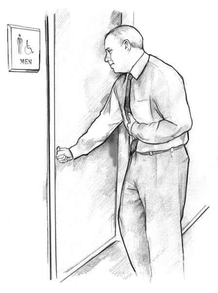 Ilustración de un hombre entrando al baño de hombres puesta la mano en el estómago para indicar náuseas.