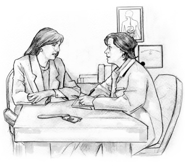 Dibujo de una mujer hablando con un médico. La mujer y el médico están sentados en un escritorio en la oficina del médico, y el médico está tomando notas.
