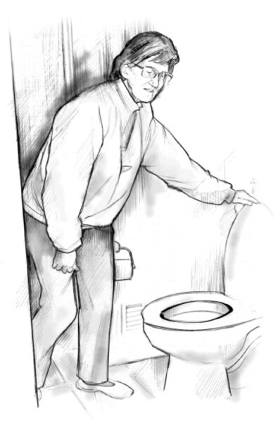 Ilustración de una mujer mayor de pie en frente del inodoro. Ella está ligeramente encorvada, y se levanta la tapa del inodoro.
