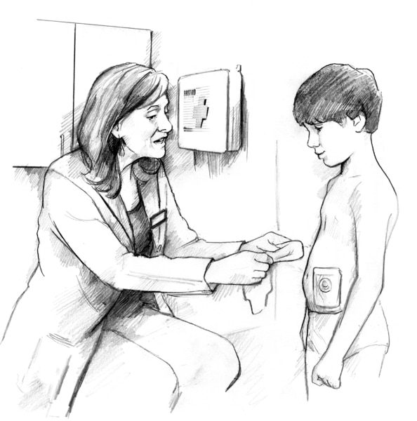 Drawing of a female ostomy nurse showing a boy how to care for an ostomy.