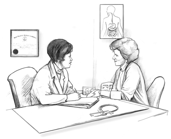 Drawing of a female physician and a female patient sitting at a table and talking. The physician’s hand is placed over the patient’s hand.
