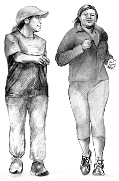 Drawing of two women walking.
