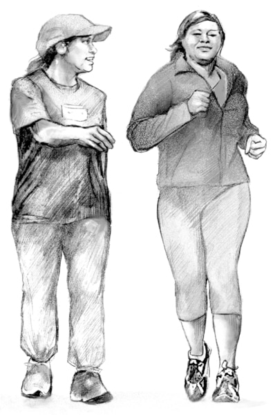 Drawing of two women walking.