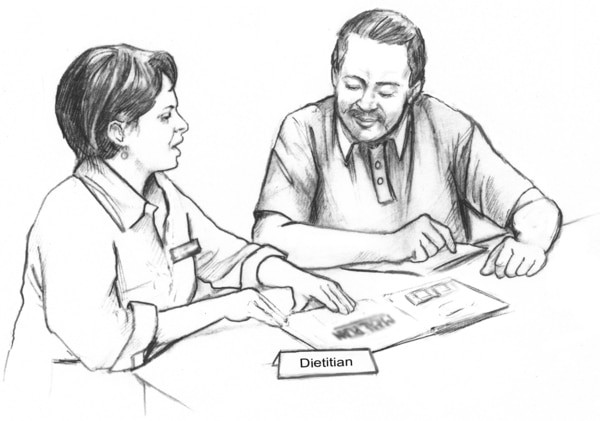 Drawing of a female dietitian consulting with a male patient.