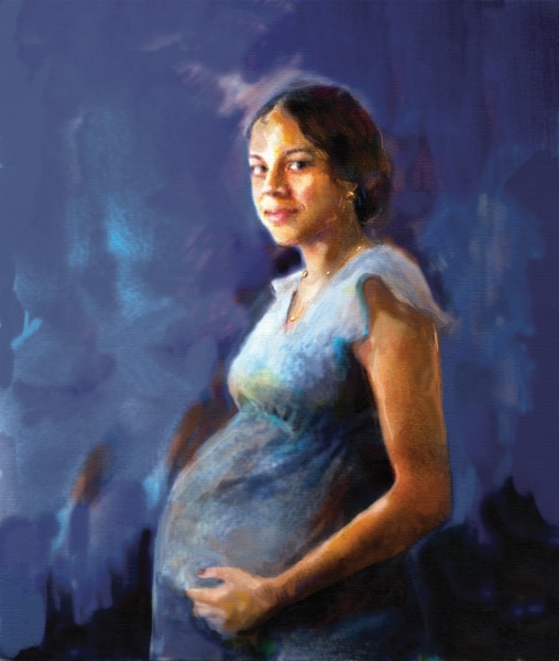 Drawing of a smiling pregnant woman.