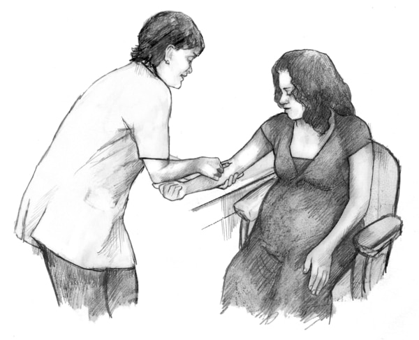 Drawing of a pregnant woman getting a blood test. She is seated and a health care provider is taking blood from her outstretched arm.