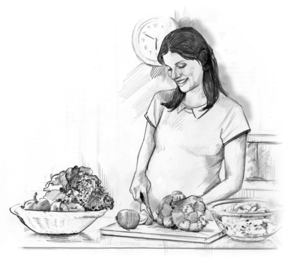 Drawing of a smiling pregnant woman standing in her kitchen and cutting fruits and vegetables. There are bowls of fresh fruits and vegetables on the counter.