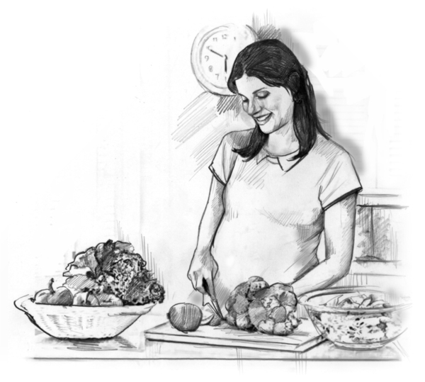 Drawing of a smiling pregnant woman standing in her kitchen and cutting fruits and vegetables. There are bowls of fresh fruits and vegetables on the counter.