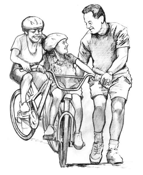 Drawing of a father helping his daughter learn how to ride a bike. A woman on a bike follows them.