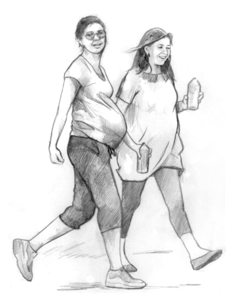 Drawing of two pregnant women walking for exercise and carrying water bottles.