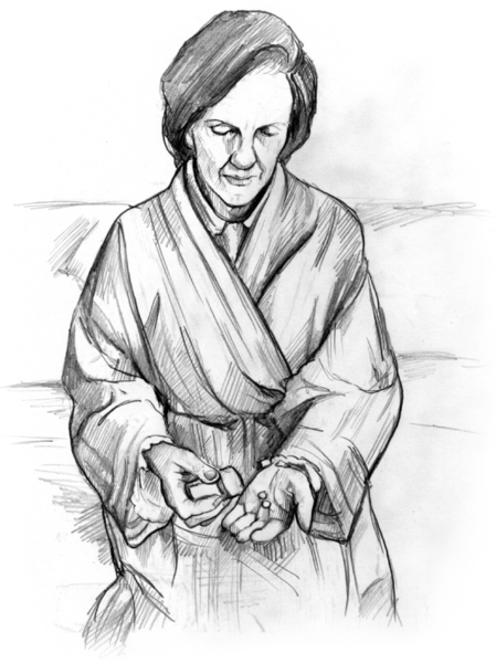 Drawing of a woman in a bathrobe holding a pill bottle and pills.