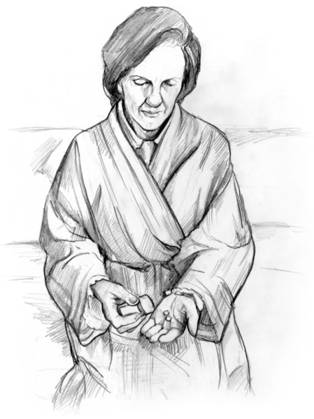 Drawing of a woman in a bathrobe holding a pill bottle and pills.