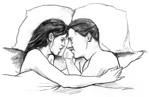 Drawing of a man and a woman lying in bed and facing each other, with their foreheads touching. A blanket covers them below the armpits.
