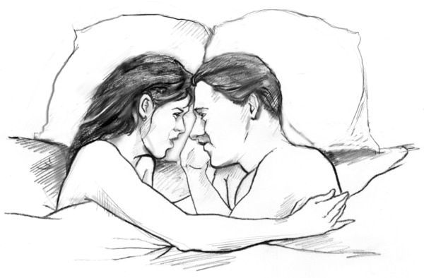 Drawing of a man and a woman lying in bed and facing each other, with their foreheads touching. A blanket covers them below the armpits.