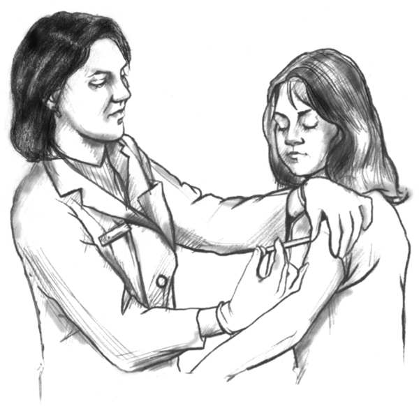 Drawing of a female health care provider giving a hepatitis B vaccination shot in the upper left arm of a female patient.