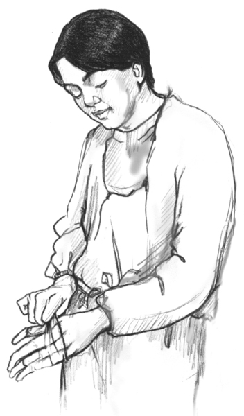 Drawing of a health care professional wearing hospital clothing and putting on gloves.