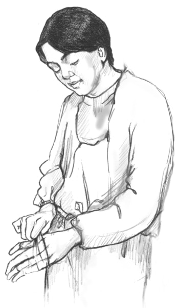 Drawing of a health care professional wearing hospital clothing and putting on gloves.