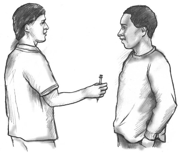 Drawing of a man handing a drug needle to another man.