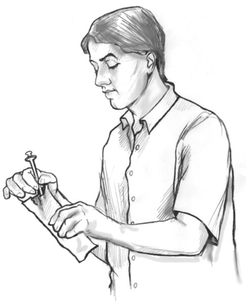 Drawing of a man taking a clean drug needle from a plastic sleeve.