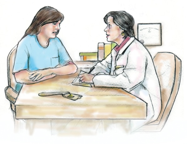 Drawing of a woman talking with her doctor.