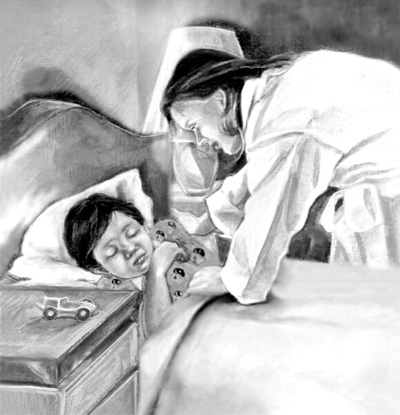Ilustración de una madre que arropa a su hijo dormido. El dibujo es en blanco y negro.