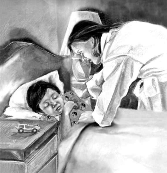 Ilustración de una madre que arropa a su hijo dormido. El dibujo es en blanco y negro.