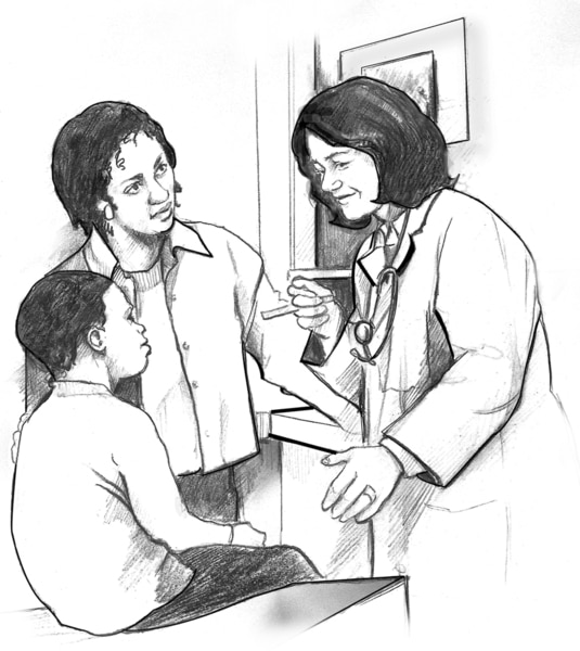 Ilustración de una madre y su hijo hablando con el médico.