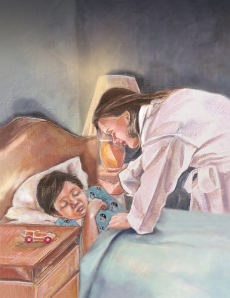 Ilustración de una madre que arropa a su hijo dormido.