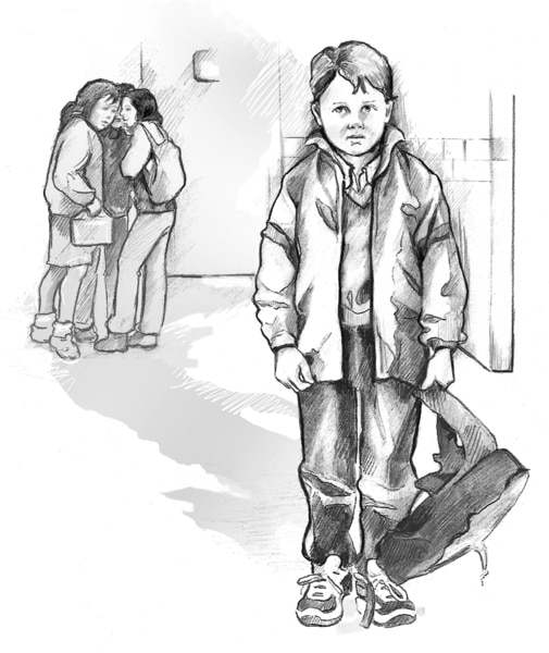 Ilustración de un niño triste con su mochila.