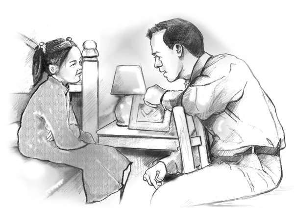 Ilustración de un padre hablando con la hija en su habitación.