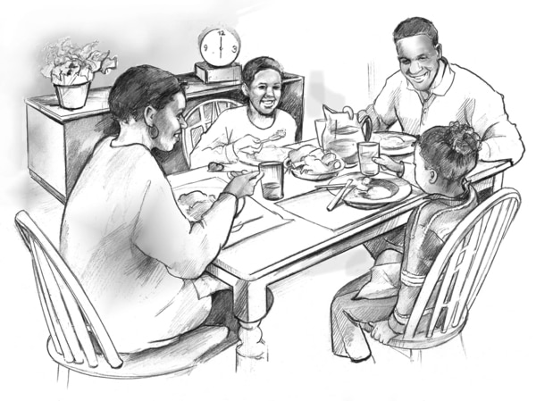 Ilustración de una familia afroamericana a la hora de la cena.
