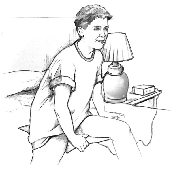 Ilustración de un niño que se despierta con una alarma de humedad.