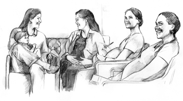 Dibujo de un grupo de mujeres embarazadas hablando.