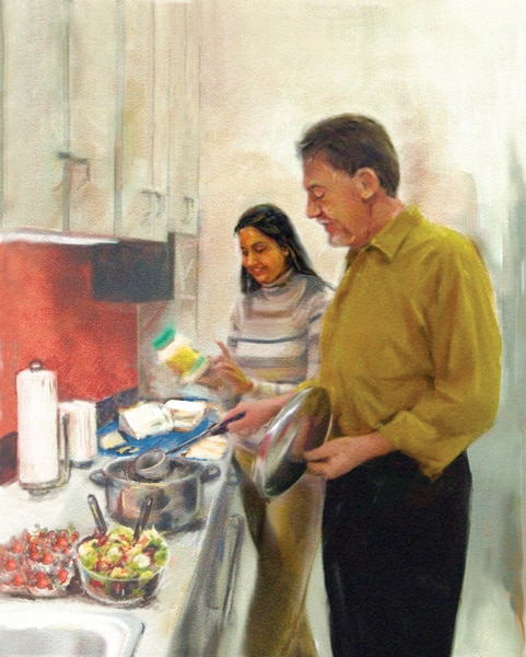 Drawing of a man and a woman making lunch in a kitchen.