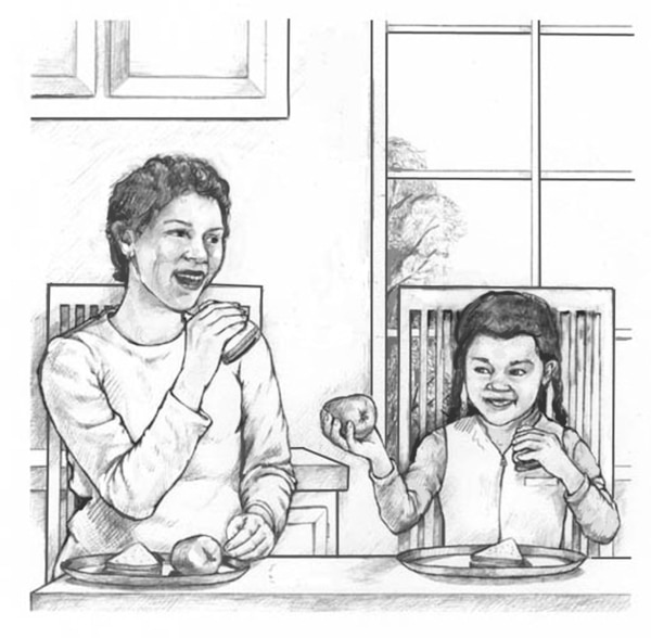 Drawing of a woman and girl eating.