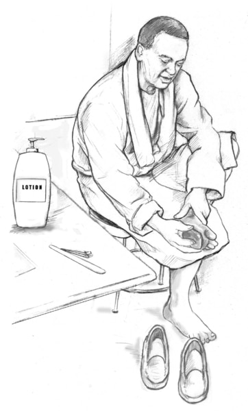 Drawing of a seated man gently smoothing away callouses from the bottom of his foot.