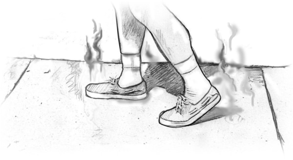 Drawing of a person’s feet walking on hot pavement, protected by shoes.